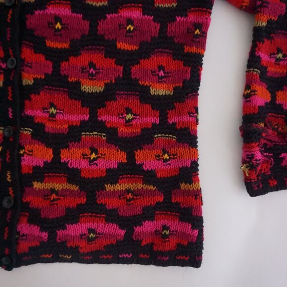 Vintage David Brooks Black Pink Hand Knit Floral Checkered Grandpa Cardigan M - Picture 5 of 9